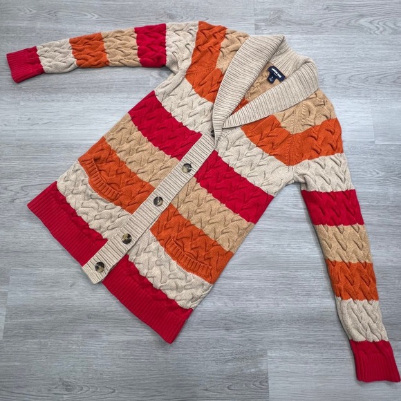 Lands' End Sweaters - Lands‎ End Drifter Button Front Cardigan Sweater Womens Small Striped Cable Knit